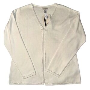 Yarnworks Womens Cream Long Sleeve Beaded Embellished Cardigan Sweater Large NEW